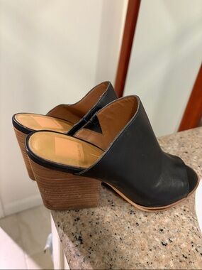 Black Leather Open-Back Mule with Stacked Block Heel